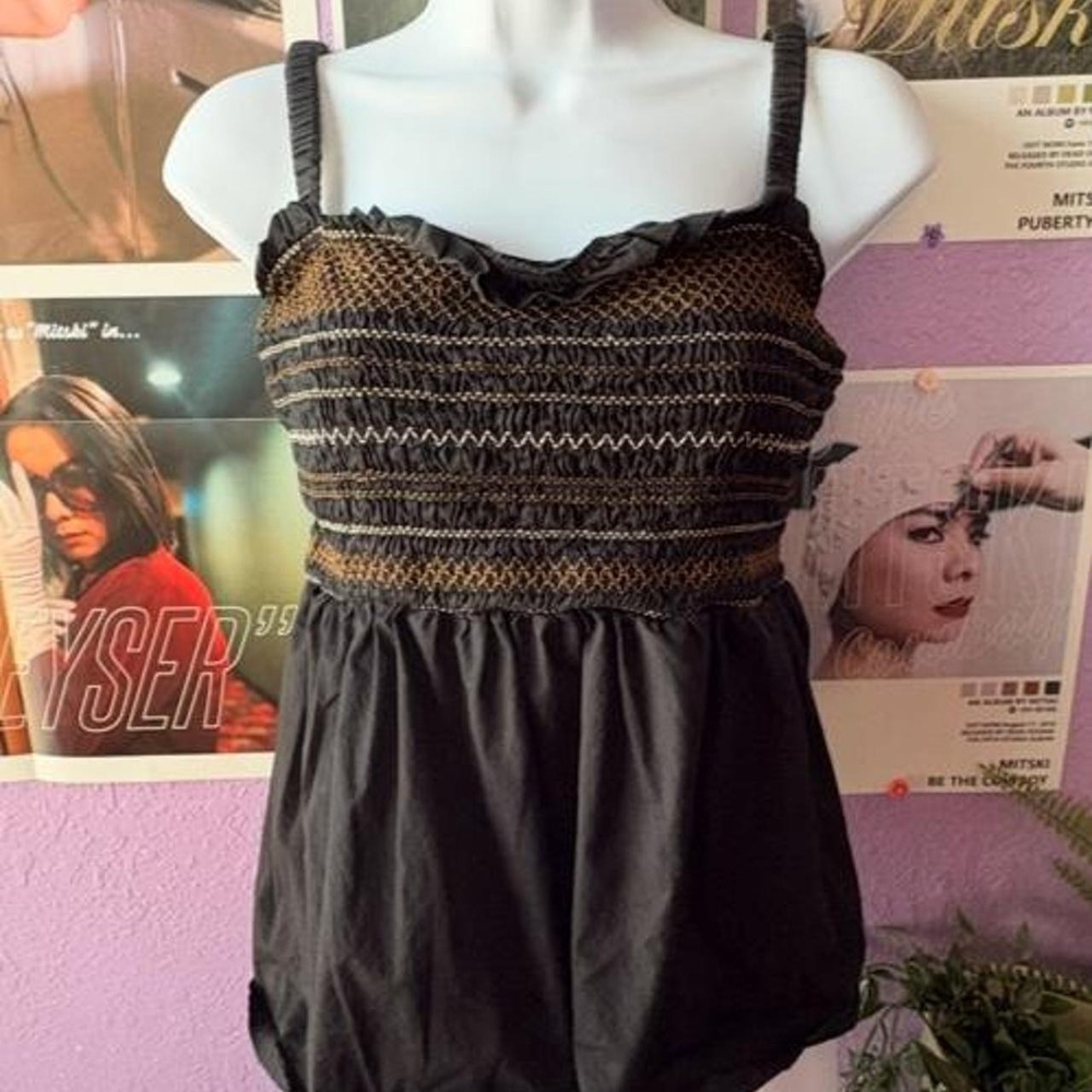 Boho Old Navy Black Smocked Babydoll Cami Top Size L